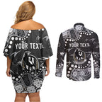 Personalized Collingwood Magpies Couples Matching Off Shoulder Short Dress and Long Sleeve Button Shirt Aboriginal Pattern with Graffiti Style