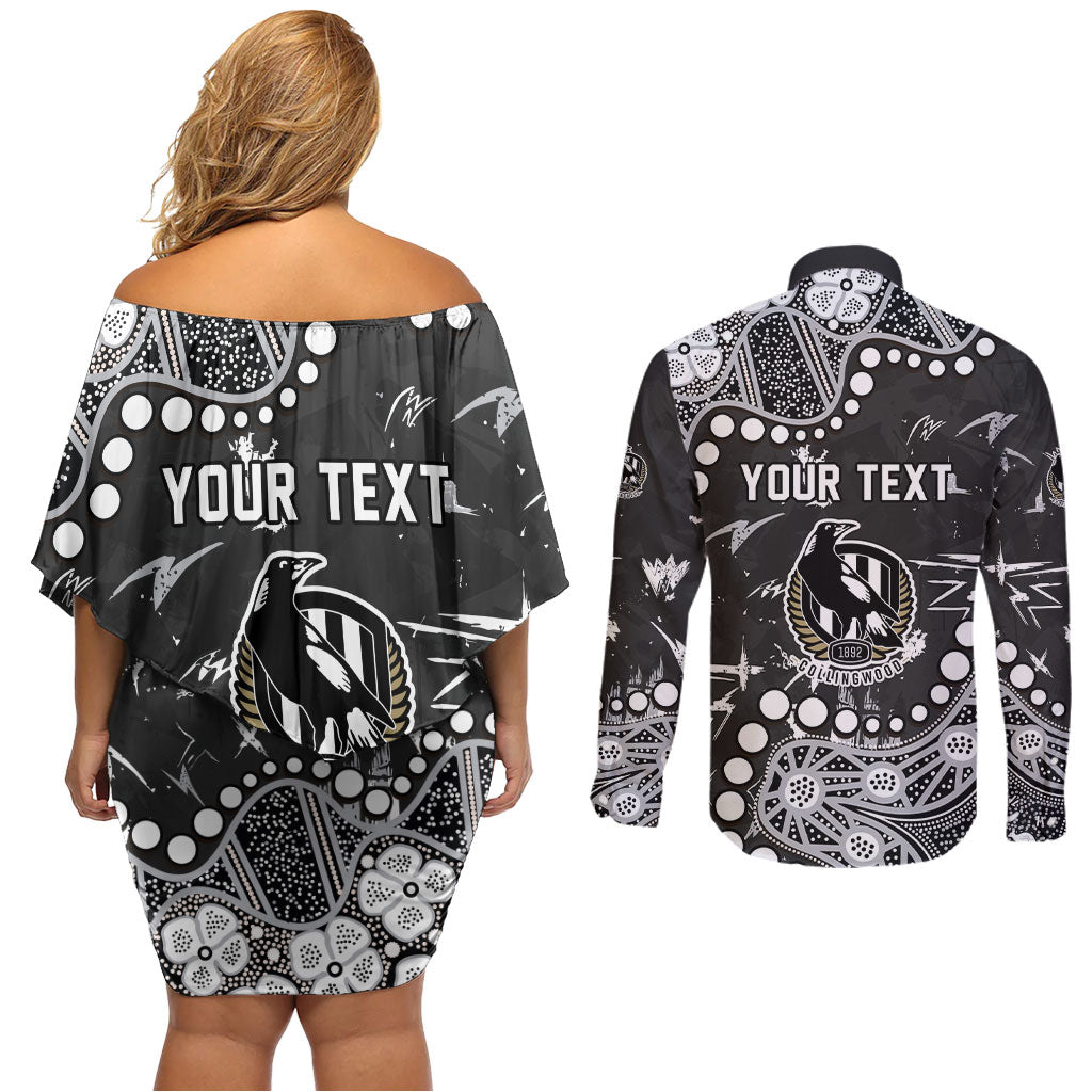Personalized Collingwood Magpies Couples Matching Off Shoulder Short Dress and Long Sleeve Button Shirt Aboriginal Pattern with Graffiti Style