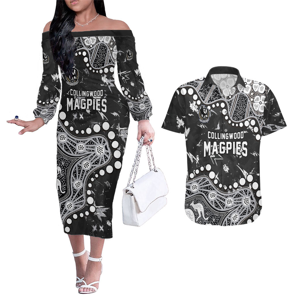 Personalized Collingwood Magpies Couples Matching Off The Shoulder Long Sleeve Dress and Hawaiian Shirt Aboriginal Pattern with Graffiti Style