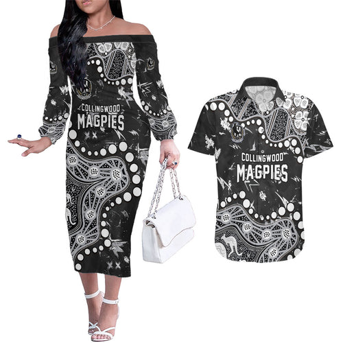 Personalized Collingwood Magpies Couples Matching Off The Shoulder Long Sleeve Dress and Hawaiian Shirt Aboriginal Pattern with Graffiti Style