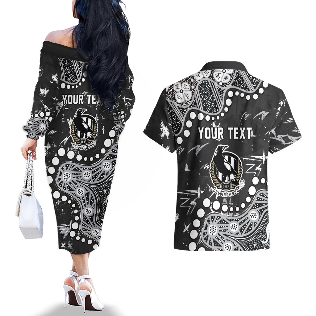 Personalized Collingwood Magpies Couples Matching Off The Shoulder Long Sleeve Dress and Hawaiian Shirt Aboriginal Pattern with Graffiti Style