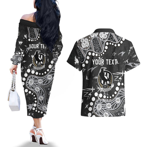 Personalized Collingwood Magpies Couples Matching Off The Shoulder Long Sleeve Dress and Hawaiian Shirt Aboriginal Pattern with Graffiti Style