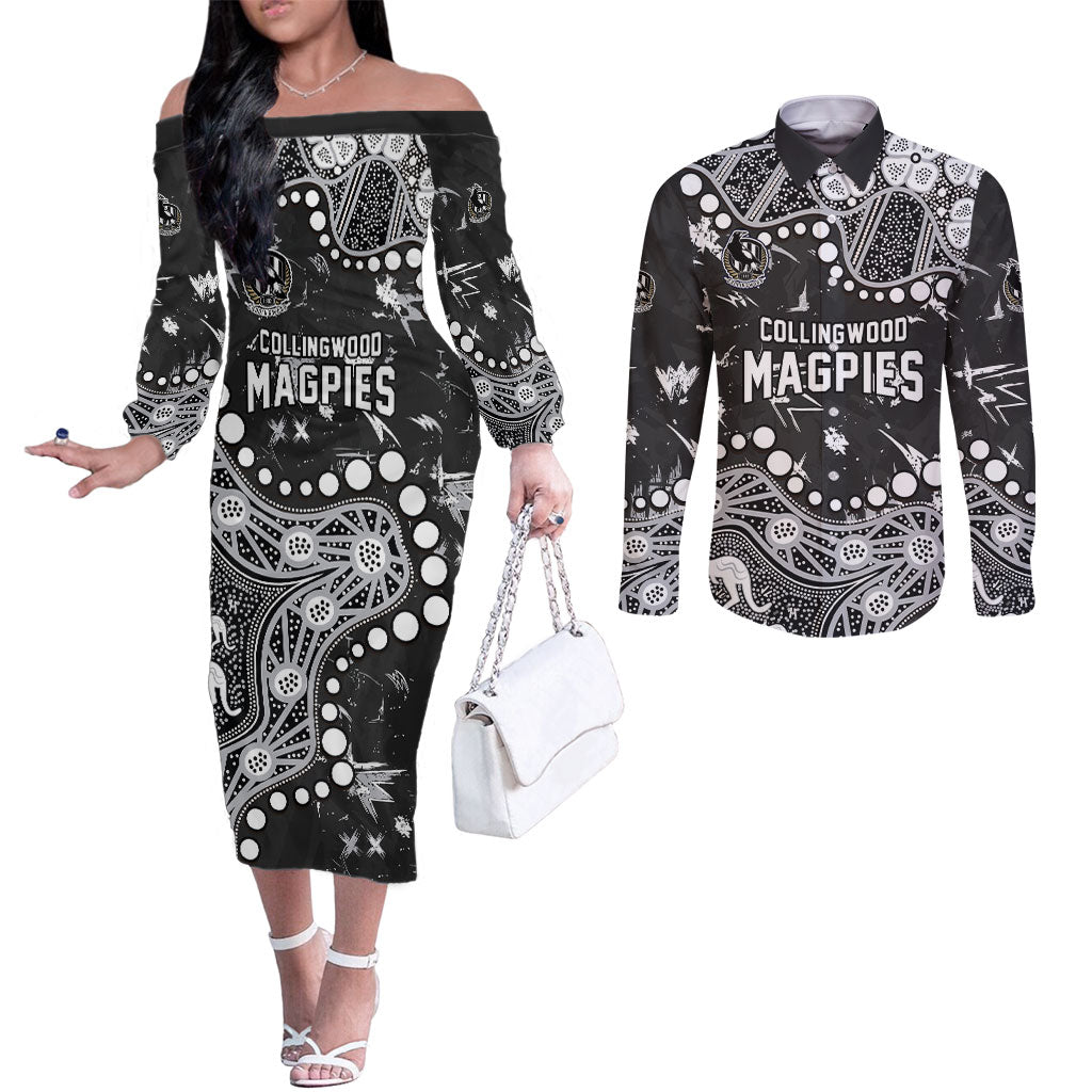 Personalized Collingwood Magpies Couples Matching Off The Shoulder Long Sleeve Dress and Long Sleeve Button Shirt Aboriginal Pattern with Graffiti Style