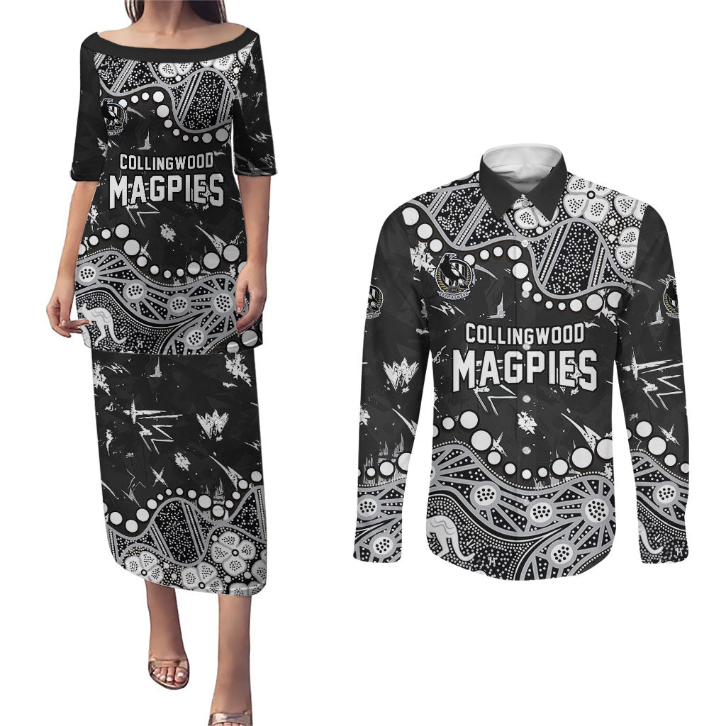 Personalized Collingwood Magpies Couples Matching Puletasi and Long Sleeve Button Shirt Aboriginal Pattern with Graffiti Style