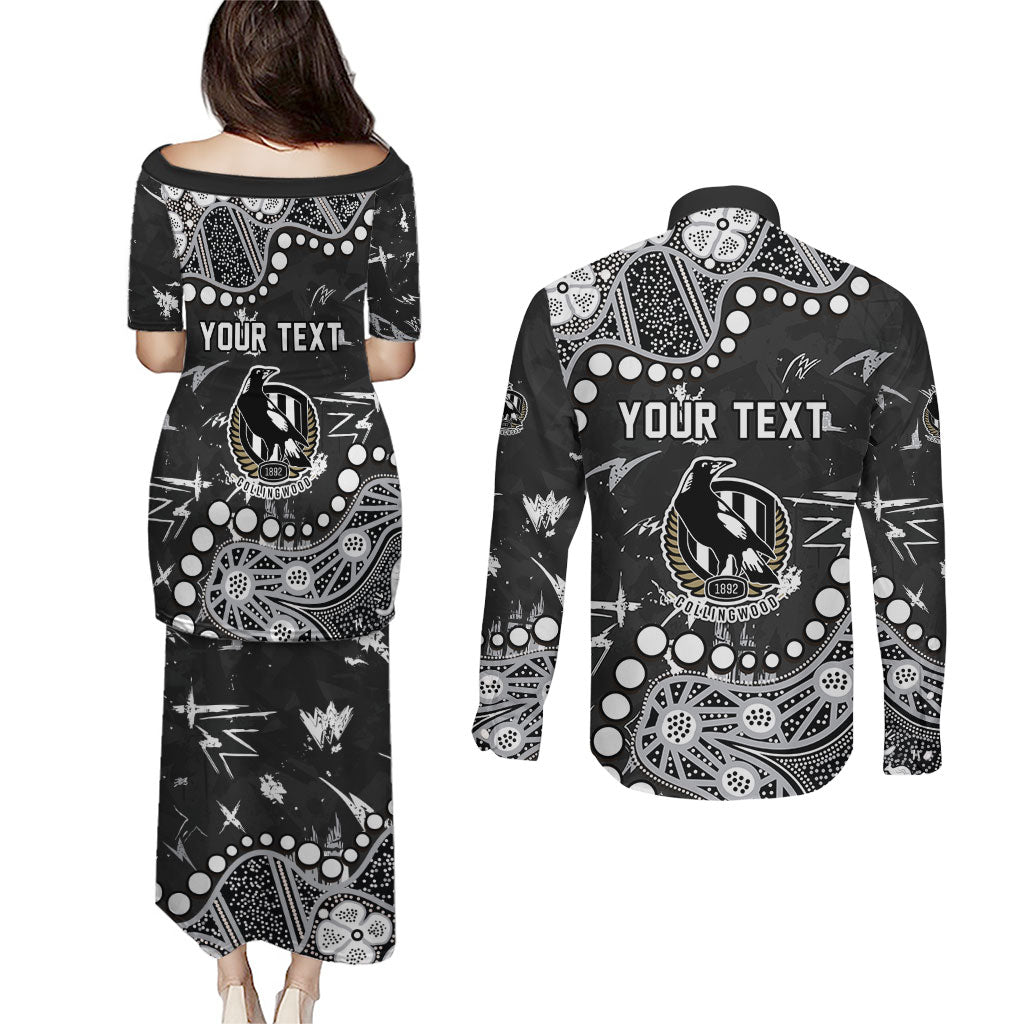 Personalized Collingwood Magpies Couples Matching Puletasi and Long Sleeve Button Shirt Aboriginal Pattern with Graffiti Style