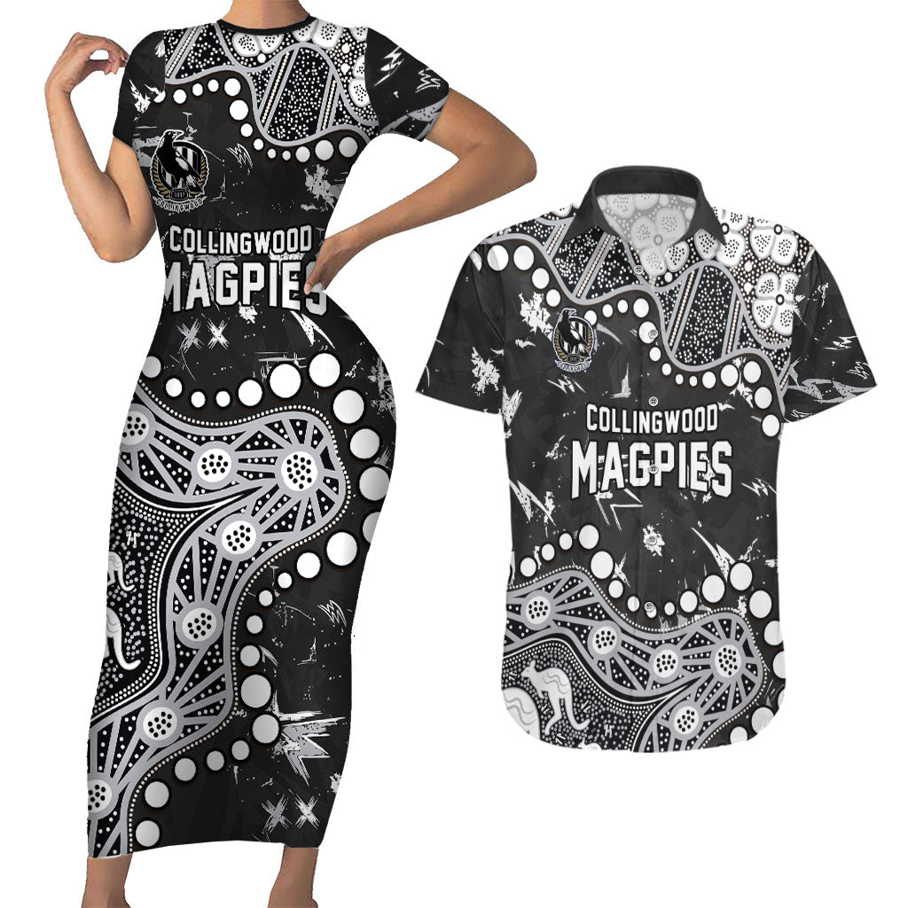 Personalized Collingwood Magpies Couples Matching Short Sleeve Bodycon Dress and Hawaiian Shirt Aboriginal Pattern with Graffiti Style