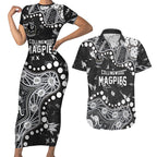 Personalized Collingwood Magpies Couples Matching Short Sleeve Bodycon Dress and Hawaiian Shirt Aboriginal Pattern with Graffiti Style