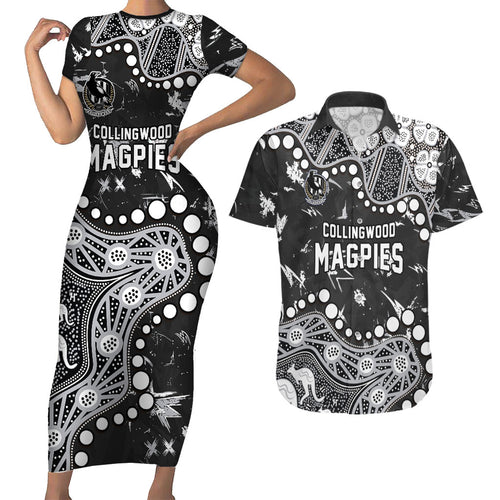 Personalized Collingwood Magpies Couples Matching Short Sleeve Bodycon Dress and Hawaiian Shirt Aboriginal Pattern with Graffiti Style