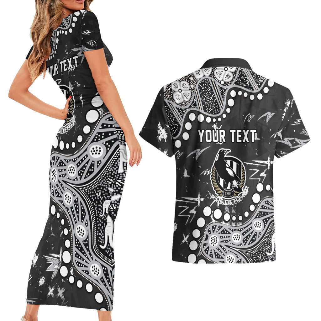 Personalized Collingwood Magpies Couples Matching Short Sleeve Bodycon Dress and Hawaiian Shirt Aboriginal Pattern with Graffiti Style