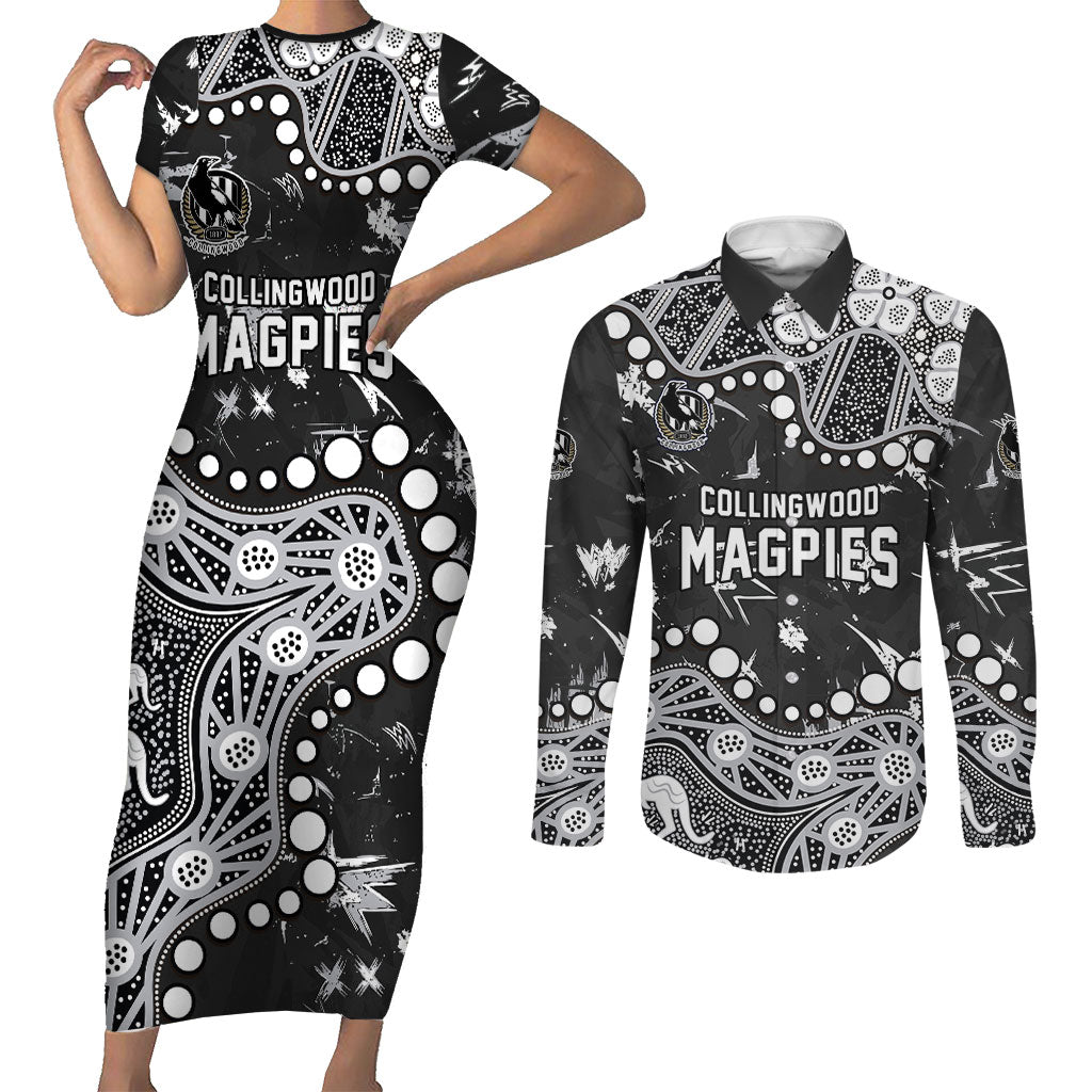 Personalized Collingwood Magpies Couples Matching Short Sleeve Bodycon Dress and Long Sleeve Button Shirt Aboriginal Pattern with Graffiti Style