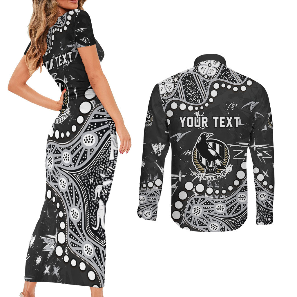 Personalized Collingwood Magpies Couples Matching Short Sleeve Bodycon Dress and Long Sleeve Button Shirt Aboriginal Pattern with Graffiti Style