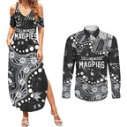 Personalized Collingwood Magpies Couples Matching Summer Maxi Dress and Long Sleeve Button Shirt Aboriginal Pattern with Graffiti Style