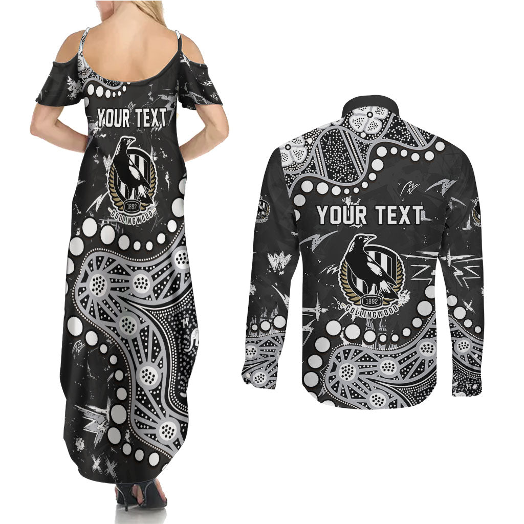 Personalized Collingwood Magpies Couples Matching Summer Maxi Dress and Long Sleeve Button Shirt Aboriginal Pattern with Graffiti Style