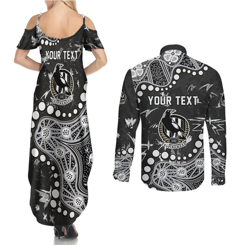Personalized Collingwood Magpies Couples Matching Summer Maxi Dress and Long Sleeve Button Shirt Aboriginal Pattern with Graffiti Style