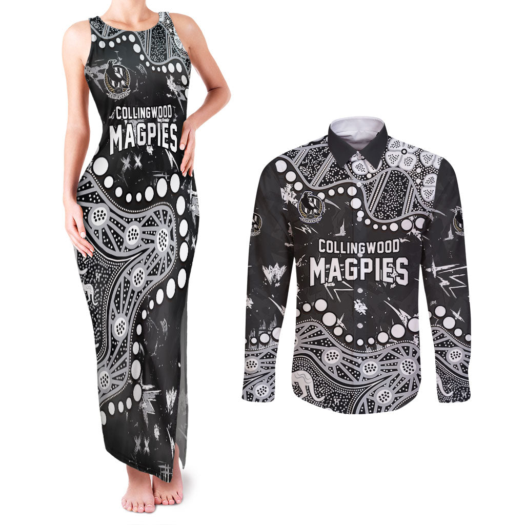 Personalized Collingwood Magpies Couples Matching Tank Maxi Dress and Long Sleeve Button Shirt Aboriginal Pattern with Graffiti Style