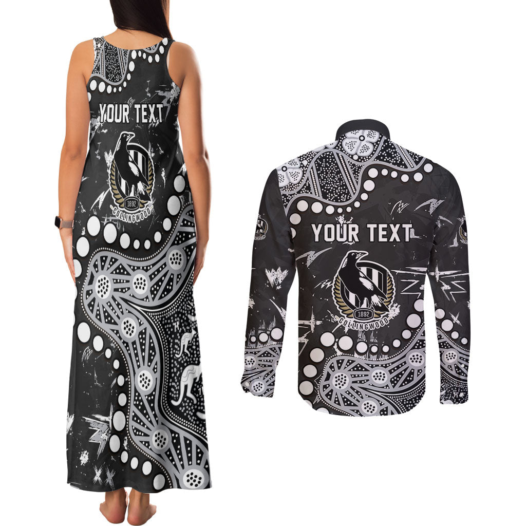 Personalized Collingwood Magpies Couples Matching Tank Maxi Dress and Long Sleeve Button Shirt Aboriginal Pattern with Graffiti Style