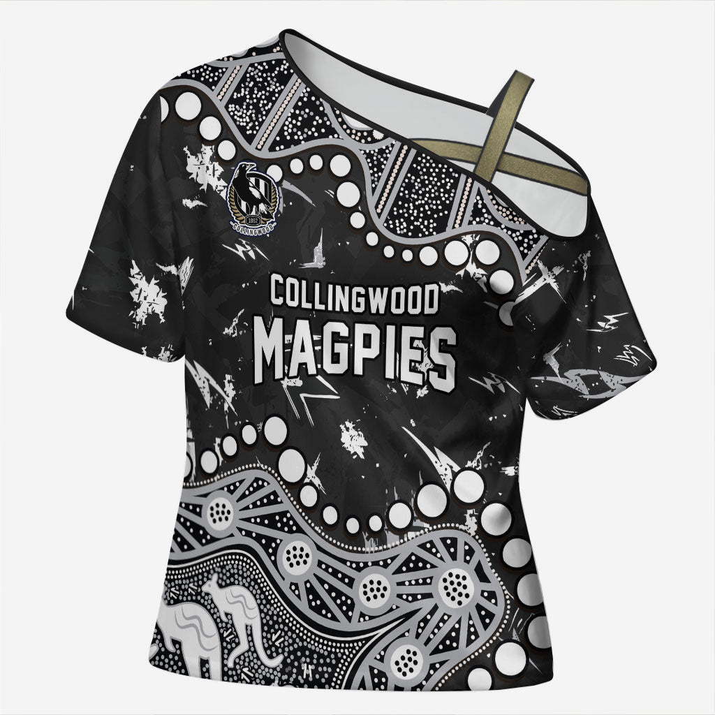 Personalized Collingwood Magpies Cross Shoulder Shirt Aboriginal Pattern with Graffiti Style