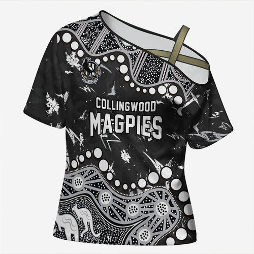 Personalized Collingwood Magpies Cross Shoulder Shirt Aboriginal Pattern with Graffiti Style