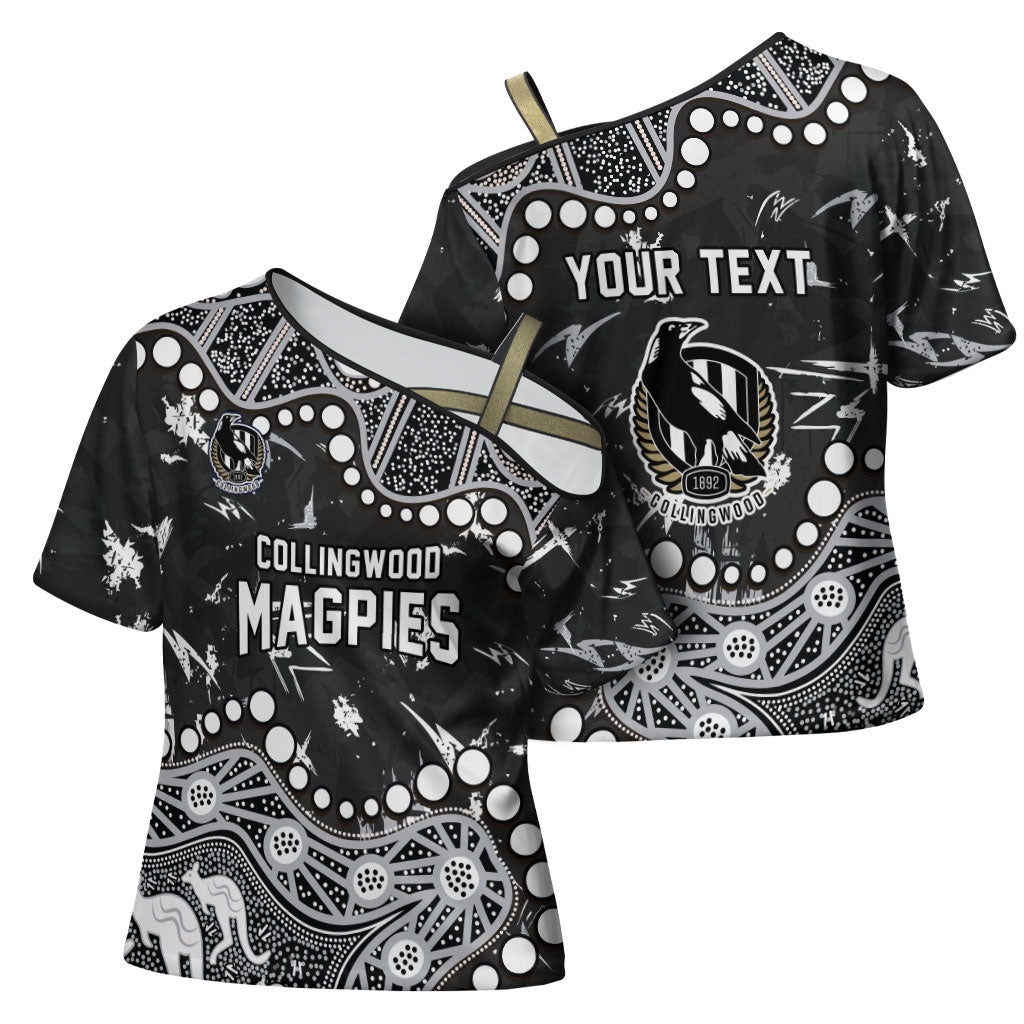 Personalized Collingwood Magpies Cross Shoulder Shirt Aboriginal Pattern with Graffiti Style