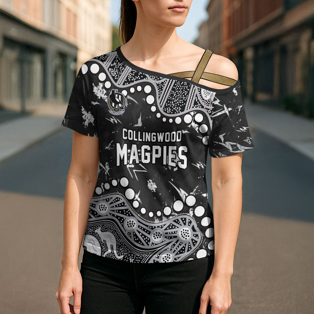 Personalized Collingwood Magpies Cross Shoulder Shirt Aboriginal Pattern with Graffiti Style