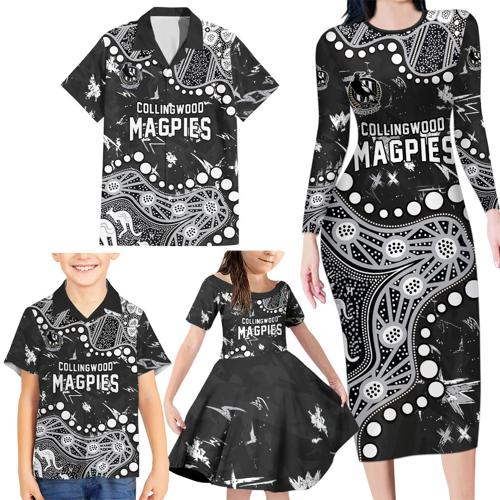 Personalized Collingwood Magpies Family Matching Long Sleeve Bodycon Dress and Hawaiian Shirt Aboriginal Pattern with Graffiti Style