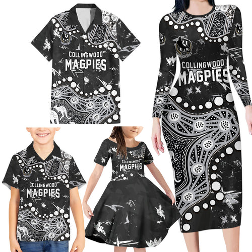 Personalized Collingwood Magpies Family Matching Long Sleeve Bodycon Dress and Hawaiian Shirt Aboriginal Pattern with Graffiti Style