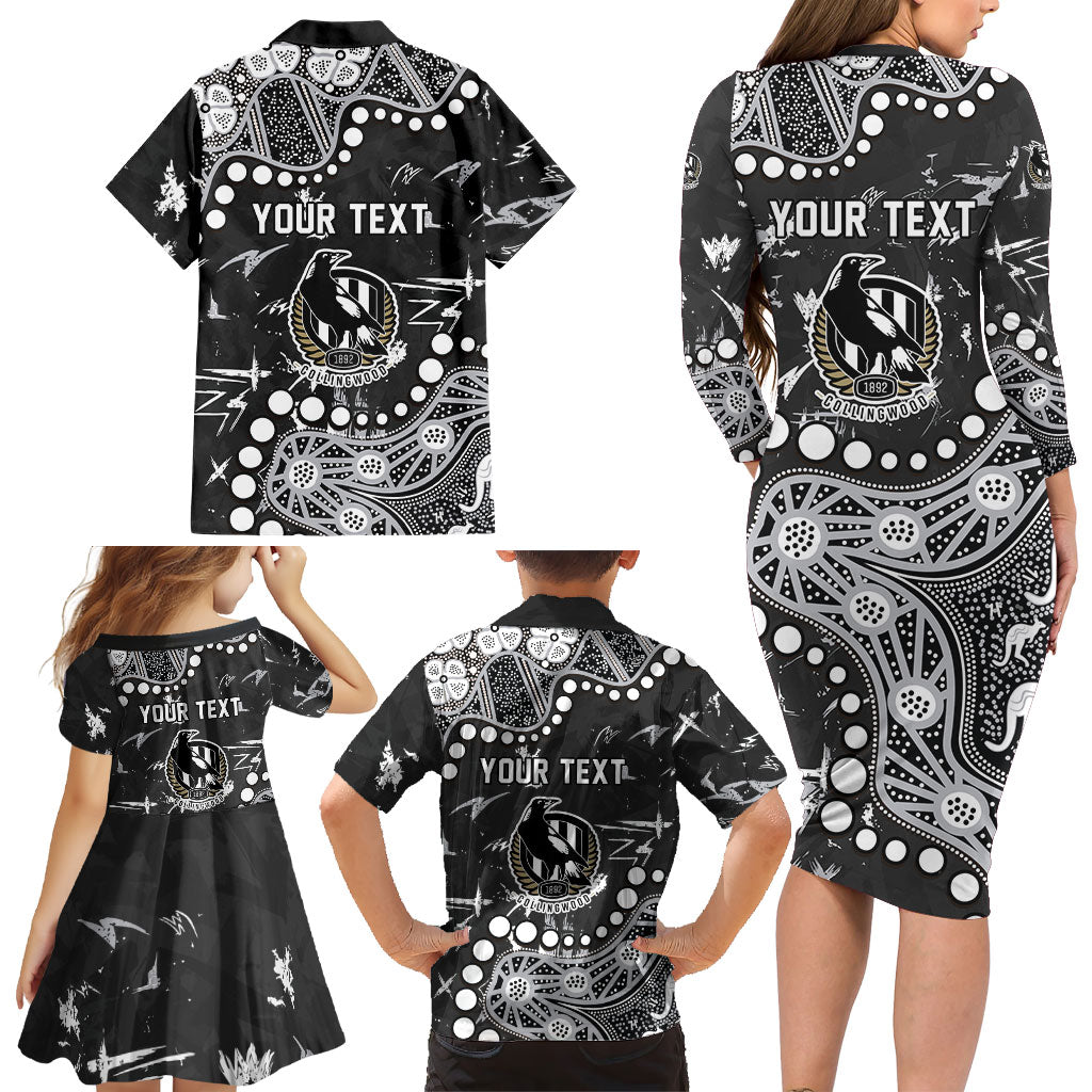 Personalized Collingwood Magpies Family Matching Long Sleeve Bodycon Dress and Hawaiian Shirt Aboriginal Pattern with Graffiti Style