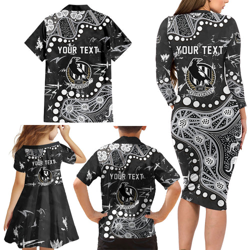 Personalized Collingwood Magpies Family Matching Long Sleeve Bodycon Dress and Hawaiian Shirt Aboriginal Pattern with Graffiti Style
