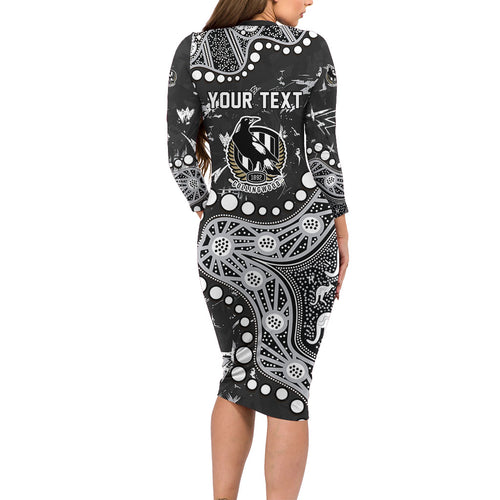 Personalized Collingwood Magpies Family Matching Long Sleeve Bodycon Dress and Hawaiian Shirt Aboriginal Pattern with Graffiti Style