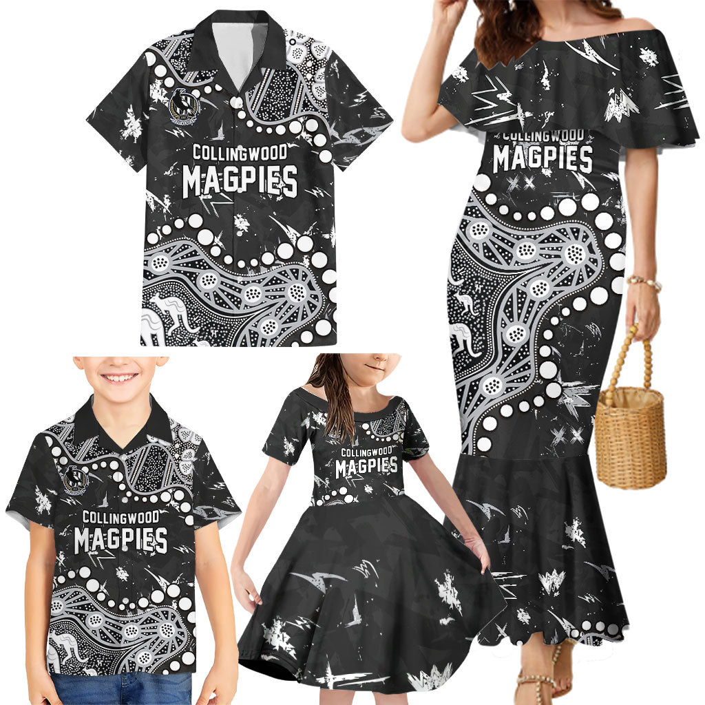 Personalized Collingwood Magpies Family Matching Mermaid Dress and Hawaiian Shirt Aboriginal Pattern with Graffiti Style