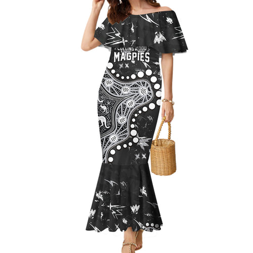 Personalized Collingwood Magpies Family Matching Mermaid Dress and Hawaiian Shirt Aboriginal Pattern with Graffiti Style