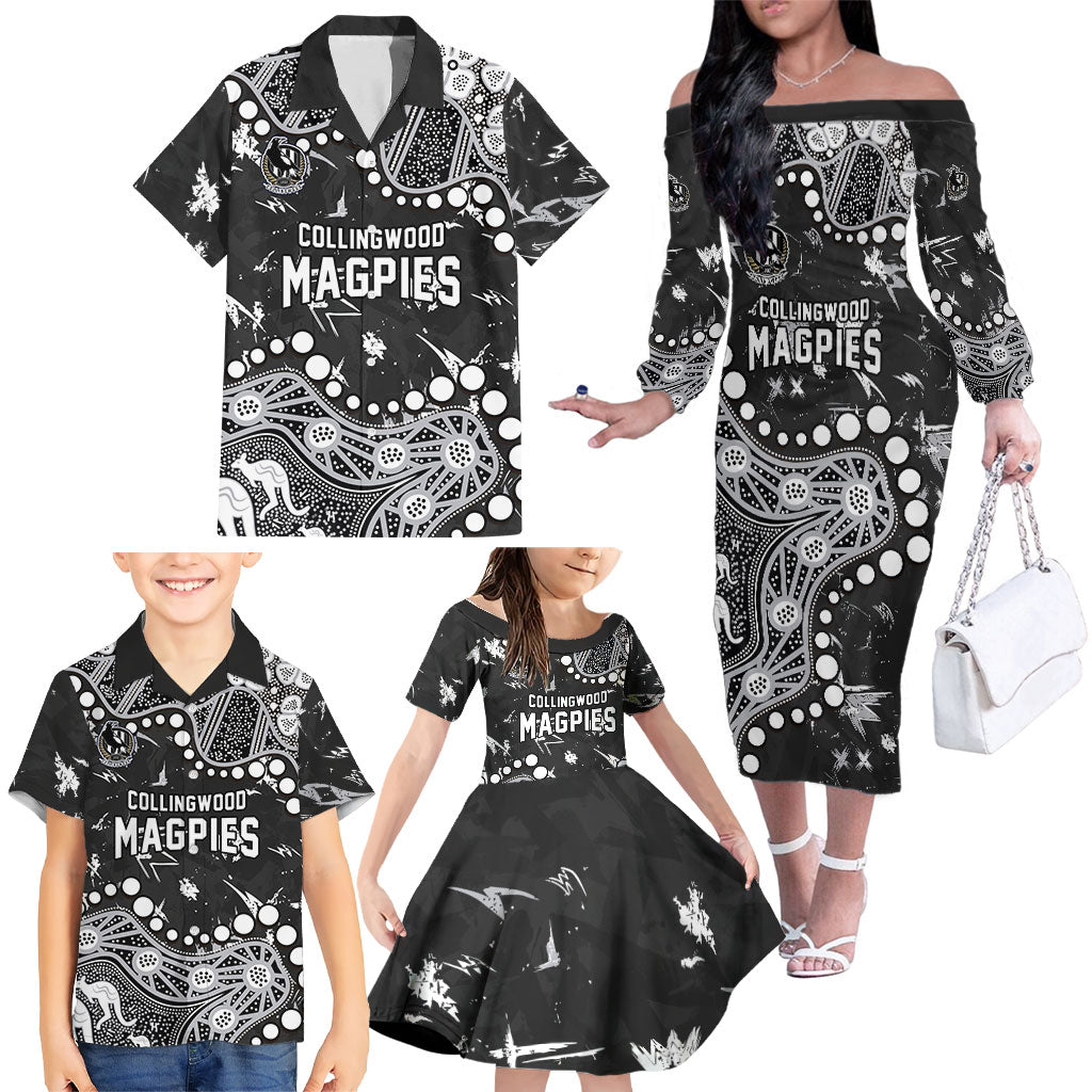 Personalized Collingwood Magpies Family Matching Off The Shoulder Long Sleeve Dress and Hawaiian Shirt Aboriginal Pattern with Graffiti Style