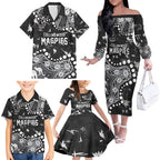 Personalized Collingwood Magpies Family Matching Off The Shoulder Long Sleeve Dress and Hawaiian Shirt Aboriginal Pattern with Graffiti Style