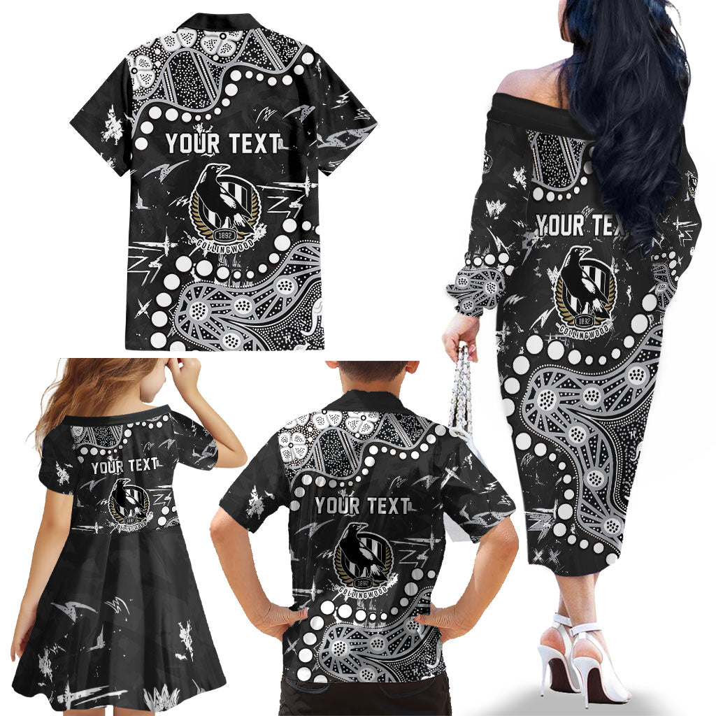 Personalized Collingwood Magpies Family Matching Off The Shoulder Long Sleeve Dress and Hawaiian Shirt Aboriginal Pattern with Graffiti Style