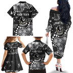 Personalized Collingwood Magpies Family Matching Off The Shoulder Long Sleeve Dress and Hawaiian Shirt Aboriginal Pattern with Graffiti Style