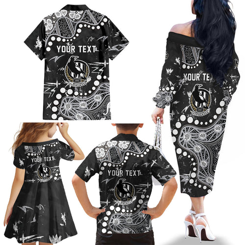 Personalized Collingwood Magpies Family Matching Off The Shoulder Long Sleeve Dress and Hawaiian Shirt Aboriginal Pattern with Graffiti Style