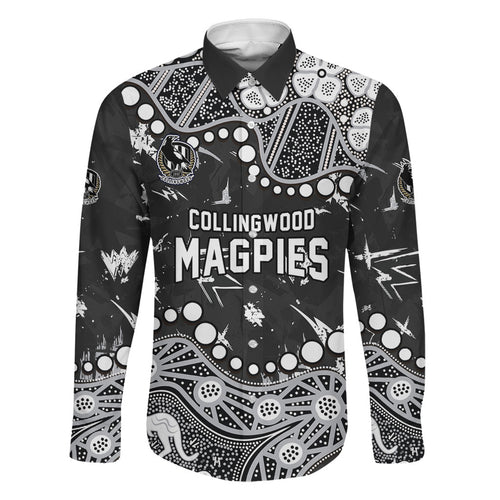 Personalized Collingwood Magpies Family Matching Off The Shoulder Long Sleeve Dress and Hawaiian Shirt Aboriginal Pattern with Graffiti Style