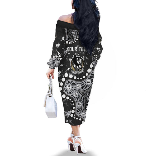 Personalized Collingwood Magpies Family Matching Off The Shoulder Long Sleeve Dress and Hawaiian Shirt Aboriginal Pattern with Graffiti Style