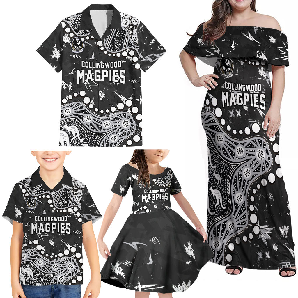 Personalized Collingwood Magpies Family Matching Off Shoulder Maxi Dress and Hawaiian Shirt Aboriginal Pattern with Graffiti Style