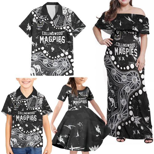 Personalized Collingwood Magpies Family Matching Off Shoulder Maxi Dress and Hawaiian Shirt Aboriginal Pattern with Graffiti Style