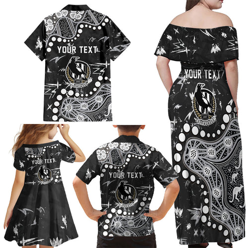 Personalized Collingwood Magpies Family Matching Off Shoulder Maxi Dress and Hawaiian Shirt Aboriginal Pattern with Graffiti Style