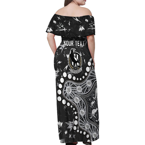 Personalized Collingwood Magpies Family Matching Off Shoulder Maxi Dress and Hawaiian Shirt Aboriginal Pattern with Graffiti Style