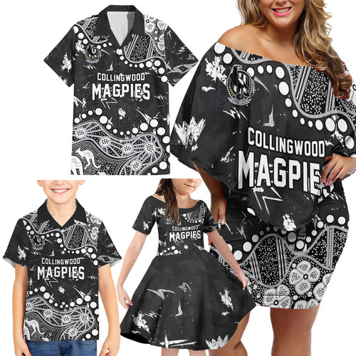 Personalized Collingwood Magpies Family Matching Off Shoulder Short Dress and Hawaiian Shirt Aboriginal Pattern with Graffiti Style