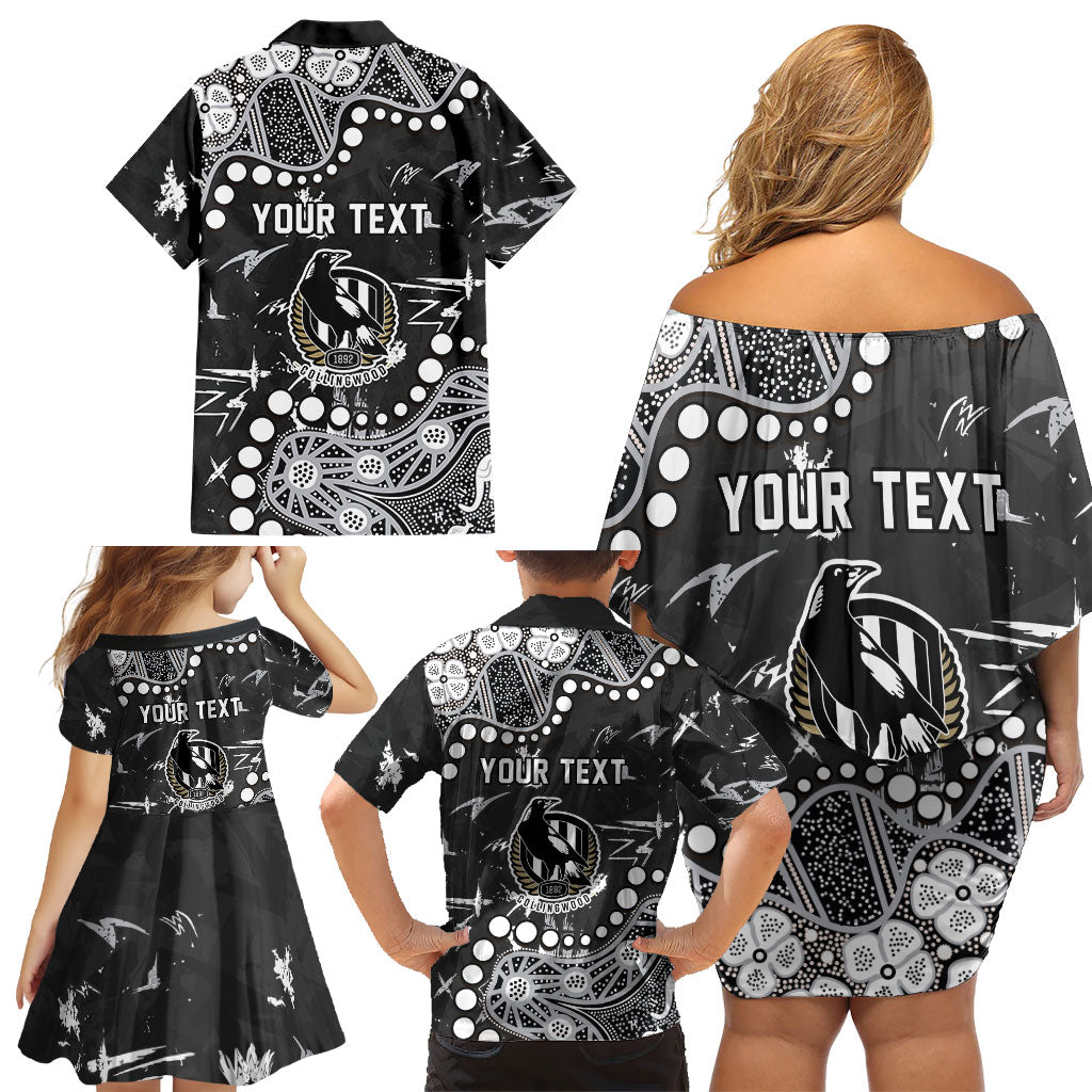 Personalized Collingwood Magpies Family Matching Off Shoulder Short Dress and Hawaiian Shirt Aboriginal Pattern with Graffiti Style
