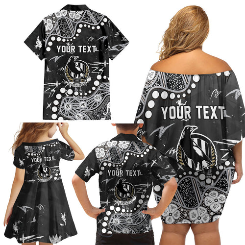 Personalized Collingwood Magpies Family Matching Off Shoulder Short Dress and Hawaiian Shirt Aboriginal Pattern with Graffiti Style