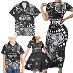 Personalized Collingwood Magpies Family Matching Short Sleeve Bodycon Dress and Hawaiian Shirt Aboriginal Pattern with Graffiti Style