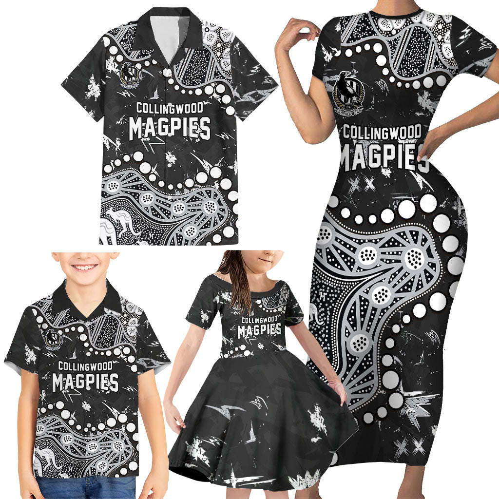 Personalized Collingwood Magpies Family Matching Short Sleeve Bodycon Dress and Hawaiian Shirt Aboriginal Pattern with Graffiti Style