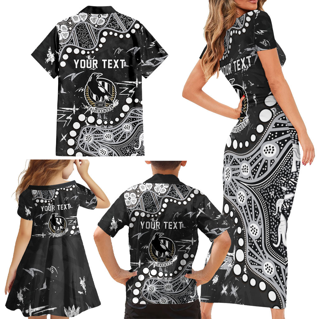 Personalized Collingwood Magpies Family Matching Short Sleeve Bodycon Dress and Hawaiian Shirt Aboriginal Pattern with Graffiti Style