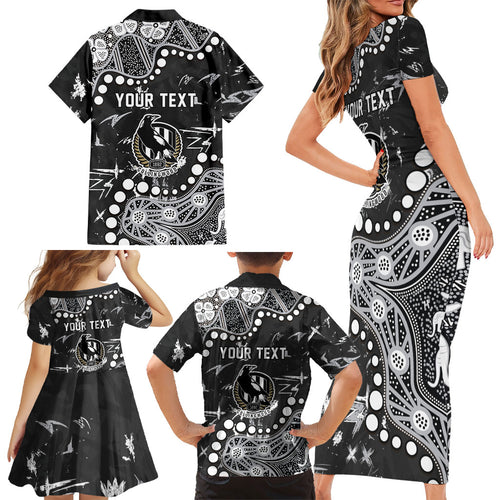 Personalized Collingwood Magpies Family Matching Short Sleeve Bodycon Dress and Hawaiian Shirt Aboriginal Pattern with Graffiti Style