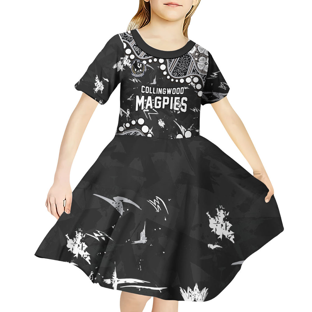 Personalized Collingwood Magpies Kid Short Sleeve Dress Aboriginal Pattern with Graffiti Style